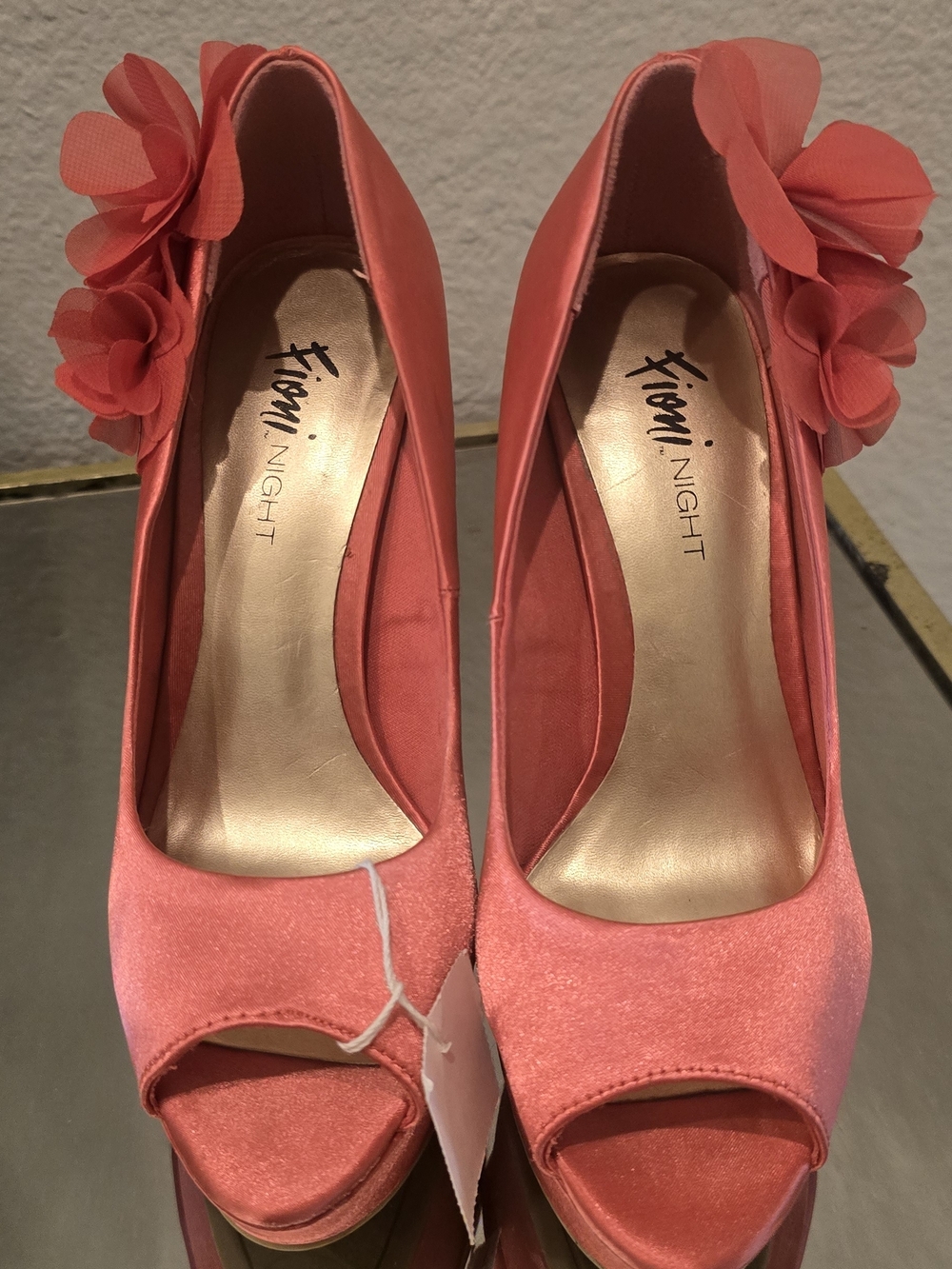 FIONI Clothing Coral Peep-Toe Pumps with Flower Accent